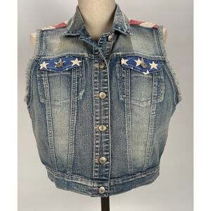VTG American Flag Jean Vest Denim Patriotic Americana USA 4th of July XL Western